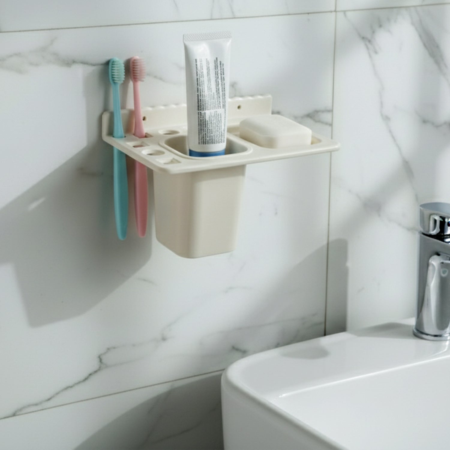 3in1 Wall Mounted Multi-Compartment Toothbrush & Soap Holder with Cup (1 Pc) 3in1 Wall Mounted Multi-Compartment Toothbrush & Soap Holder with Cup (1 Pc)